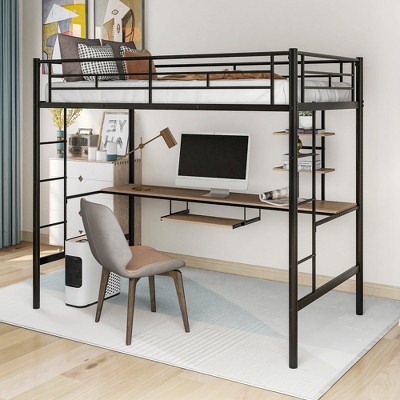 Twin/Full Size Loft Bed with Desk and Shelves, Metal Loft Bed Frame, Black - ModernLuxe
