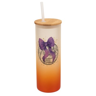 Elanze Designs 25 Ounce Frosted Glass Gradient Travel Tumbler With Straw and Wooden Lid, Volleyball With Purple Bow Orange