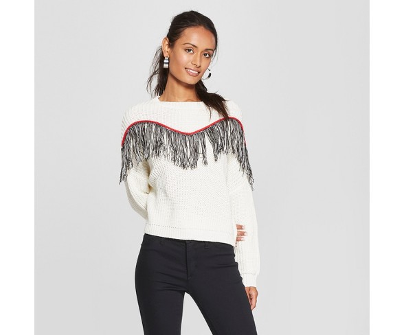 Women's Long Sleeve Fringe Trim Pullover Sweater - 3Hearts (Juniors') Ivory S