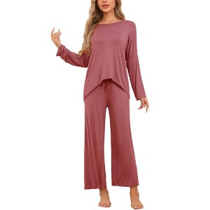 cheibear Women's Lounge Sets Hight-Low Shirt and Wide-leg Pants 2 Piece Pjs Loose Sleepwear Loungewear - 1 of 4