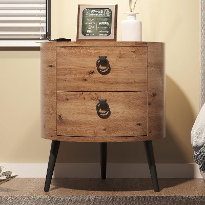 Round Side Table with Drawers Modern Night Stand with Storage Wooden Accent End Table Circle Bedside Table with Metal Legs Bedroom