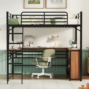Full Size Metal Loft Bed with 3 Layers of Shelves and L-shaped Desk, Black - 1 of 4