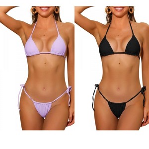 INSPIRE CHIC Women's Halter Tie Side Drawstring Thong Triangle Bottoms Basic Bikini Sets Swimsuits 2 Sets - 1 of 4