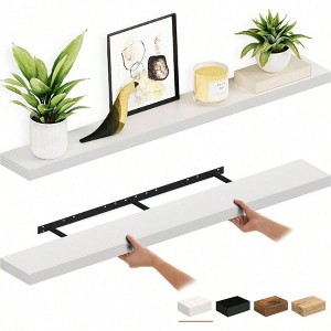Floating Shelves 55 Inch Wood Wall Shelf Set of 2 with Brackets White 6 Inch Deep for Bathroom Living Room - 1 of 4