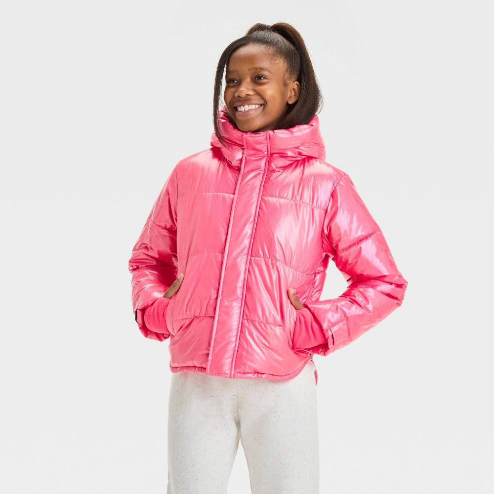 Girls' Solid Puffer Jacket - All In Motion™ Pink XL
