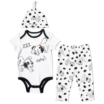 Disney 101 Dalmations Patch Newborn Baby Boys 3 Piece Outfit Set: Cuddly Bodysuit Pants Hat White 3-6 Months