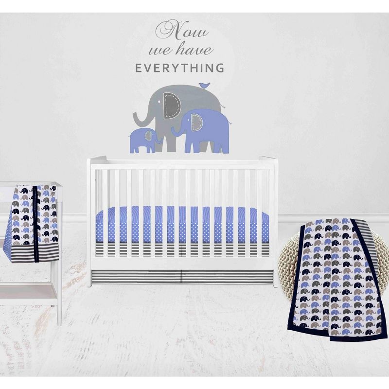Bacati - Elephants Blue/Navy/Gray 4 pc Crib Bedding Set with Diaper Caddy, 1 of 11