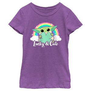 Girl's Star Wars: The Mandalorian Grogu St. Patrick's Day Rainbow Lucky and Cute T-Shirt - 1 of 4