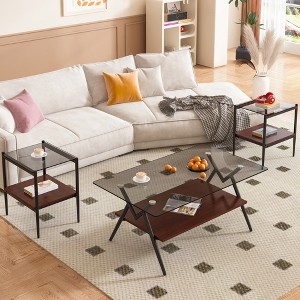38.6" Coffee Table and 2 End Tables Set with Transparent Tempered Glass Tops, MDF Layers, Modern Living Room Tables with Durable Iron Legs - 1 of 4