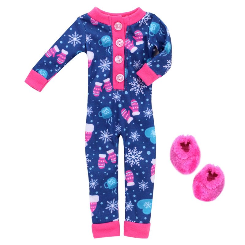 Sophia’s One Piece Winter Pajamas and Slippers for 14.5" Dolls, Blue/Hot Pink, 3 of 6