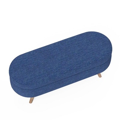 FURNIinspire Ottomans and Benches Oval Storage Bench with Rubber Wood Legs for Contemporary Living Room and Bedroom, Blue, 44.1"*16.15"*9.5"