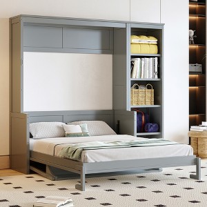 TIRAMISUBEST Full/Queen Size Murphy Bed with Front Desk, Wall Bed Folding Bed Frame with 5-Tier Side Bookshelf - 1 of 4