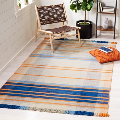Blue and Beige Striped Wool Flat Woven Area Rug