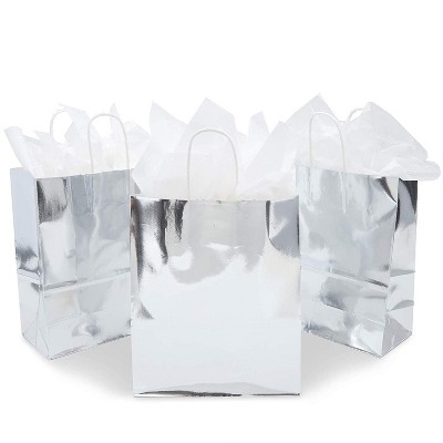 Sparkle and Bash 15-Pack Medium Metallic Silver Foil Paper Gift Bags with Handles & Tissue Papers 10 x 8 x 4 in