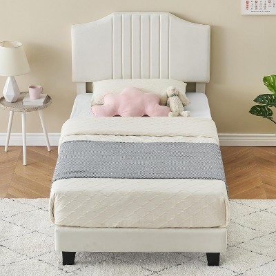 Kids Twin Bed Frame with Velvet Upholstered Headboard, Non-Slip and Soundproof Platform Bed, No Box Spring Needed, Easy Assembly