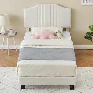 Kids Twin Bed Frame with Velvet Upholstered Headboard, Non-Slip and Soundproof Platform Bed, No Box Spring Needed, Easy Assembly - 1 of 4