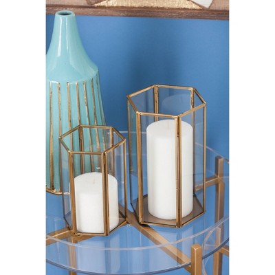 Gold Iron and Glass Hexagonal Candle Lantern Set
