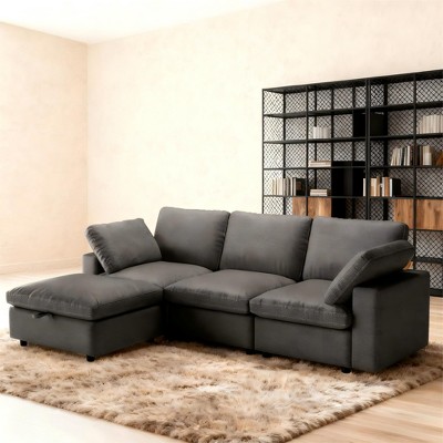Dyonery cat paw leather sofa, large combination sofa with storage stool, widened seat cushion, suitable for living room