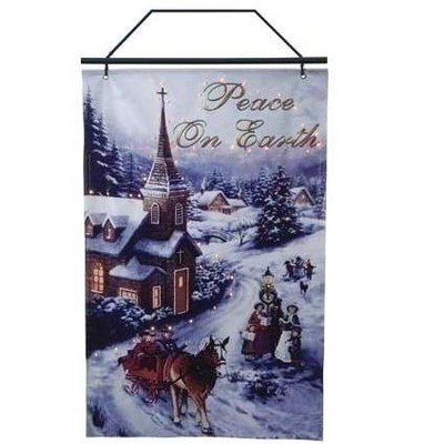 Roman 26" Blue and Brown Lighted Winter Church Scene Christmas Wall Banner