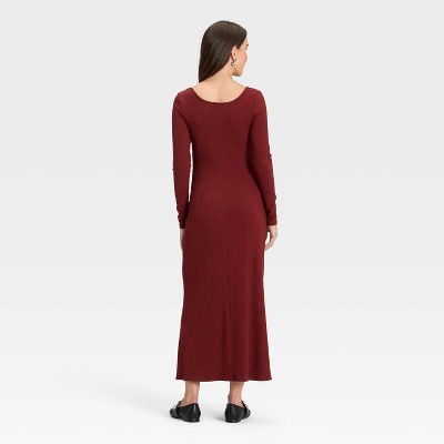 Women's Long Sleeve Rib-Knit Maxi Dress - A New Day Maroon XL
