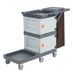 Janitorial Cart with 2 Cabinets, 3-Shelf Cleaning Cart on Wheels with Cover and Vinyl Bag, Hotel Housekeeping Room Service Utility Cart, Grey - 1 of 4