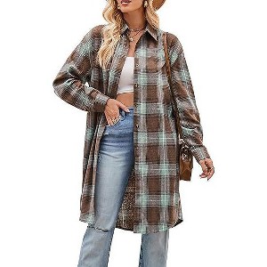 Coolmee Women's Oversized Plaid Flannel Shirts Lapel Long Sleeve Check Mid Long Blouse with Pockets - 1 of 4