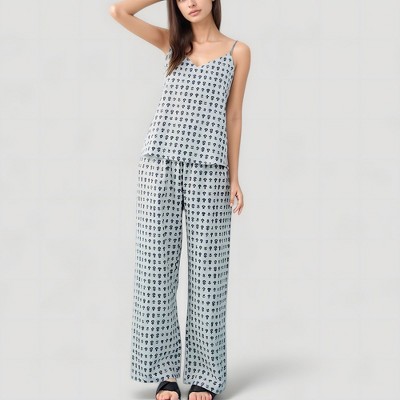 Anna-Kaci Lounge Women's Cami Strap Pajama Set with Allover Floral Print and Relaxed Wide Leg Pants