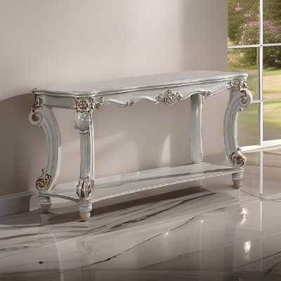 Royal Hampton 58 Inch Sofa Console Table, Classic Scrolled Legs, Brushed Gold, Shelf
