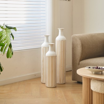Aukfa Modern 3-Piece White Metal Floor Vase Set – Large Glazed Decorative Vases for Living Room, Hallway, or Entryway Home Décor