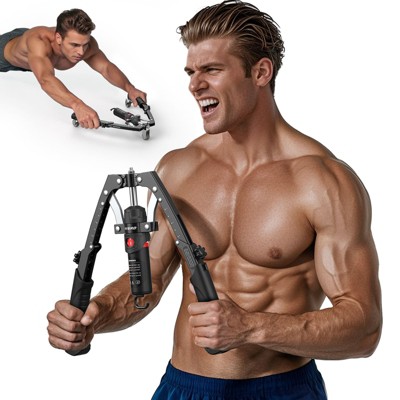All-in-one YOSUDA Chest Trainer: Hydraulic Power Chest Press (22-440lbs), Arm Twister, and Ab Roller Wheel. Includes Backpack & Pad.