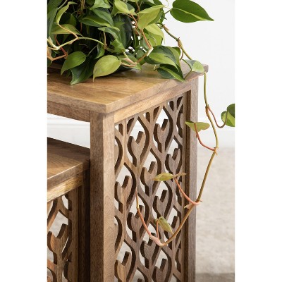 Natural Mango Wood Hand-Carved Nesting Tables, Set of 2