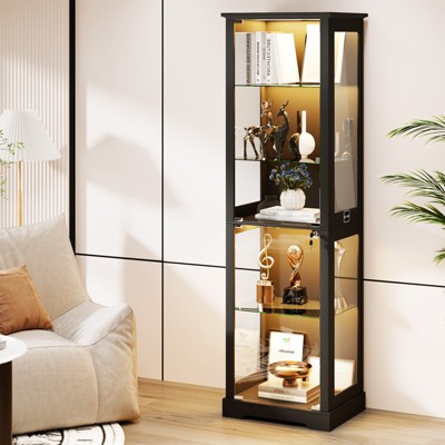 FURNIinspire Utility Storage Cabinets 5 Tier Slim Display Shelf Display Cabinet with Glass Doors, Curio Cabinet with Lock, Black, 70.87"*19.69"*15.75"