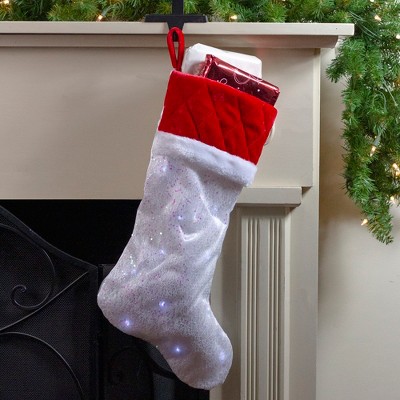 22.25" White Iridescent Glittered Christmas Stocking with Red Velveteen Cuff