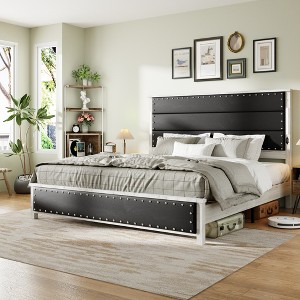 NicBex King Platform Bed Frame with Faux Leather and Rivets,Upholstered Headboard with LED and Charging Station,No Box Spring Needed,Black - 1 of 4