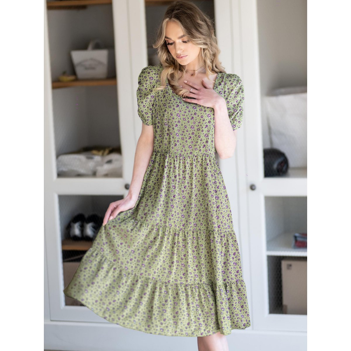 Женские платья Allegra K Women's Floral Dresses Square Neck Puff Short Sleeves Tiered Ruffled Hem Dress Green Purple Large — фото 3