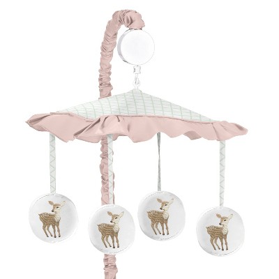 Image of Sweet Jojo Designs Girl Musical Crib Mobile Deer Floral Pink, Green and Tan