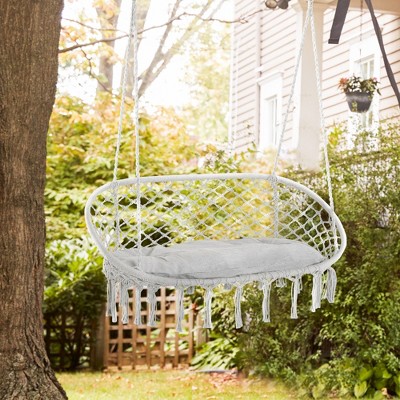 Vynxaria 2-Person Hammock Chair Macrame Swing with Soft Cushion, Hanging Cotton Rope Chair for Indoor Outdoor Home Patio Backyard, Grey