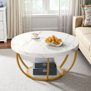MAYEERTY Wooden Coffee Table, 2-Tier Round Central Cocktail Table with Shelves - 1 of 4