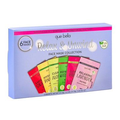 Que Bella Relax & Unwind Face Mask Collection - 6pc: Vegan, For Normal & Sensitive Skin, Scented