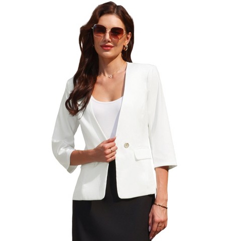 INSPIRE CHIC Women's V Neck Business Collarless Work 3/4 Sleeve Blazer Small White