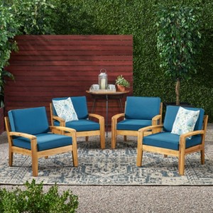 Christopher Knight Home Grenada Outdoor Acacia Wood Club Chairs with Cushions (Set of 4) - 1 of 4
