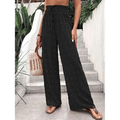 Women's High Waist Polka Dot Wide Leg Pants Elastic Smocked Waist Lounge Trousers