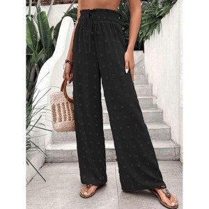 Women's High Waist Polka Dot Wide Leg Pants Elastic Smocked Waist Lounge Trousers - 1 of 4