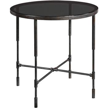 Uttermost Industrial Iron Round Accent Table 24 1/2" Wide Aged Steel Smoke Glass Tabletop for Living Room Bedroom Bedside Entryway