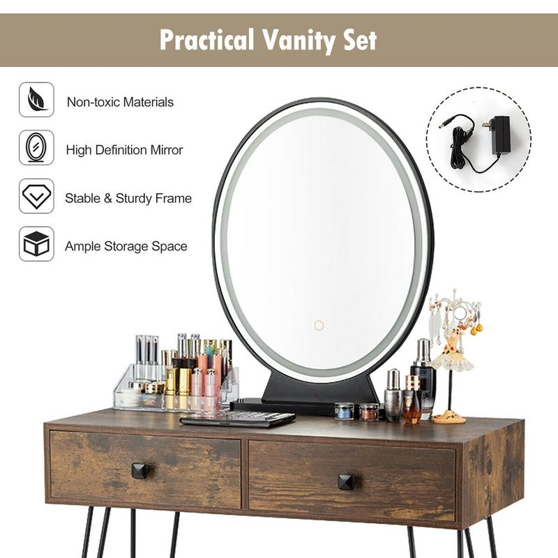Costway Vanity Makeup Dressing Table W/ 3 Lighting Modes Mirror Touch Switch Rustic\Coffee, 5 of 11