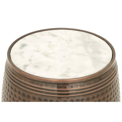 Copper Hammered Barrel Side Table with White Marble Top - 16"x19"