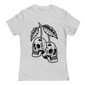 Rerun Island Women Skull Cherries Outlines Short Sleeve Graphic Cotton T-Shirt - 1 of 4