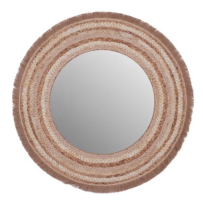 38"Large Round Wood and Wicker Beige Wall Mirror - Olivia & May