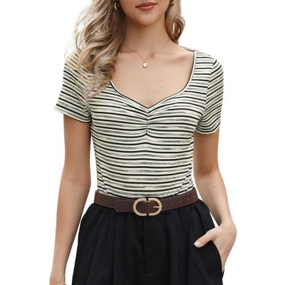 INSPIRE CHIC Women's Stripe Sweetheart Neck Short Sleeve Ruched Casual Body Suit Tops