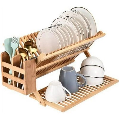 LunaLulinlk 2 Lb Bamboo Dish Drying Rack - Collapsible Wooden Drainer for Kitchen Counter